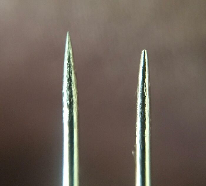 Close-up before and after photos showing the difference in sharpness between two sewing needle tips.