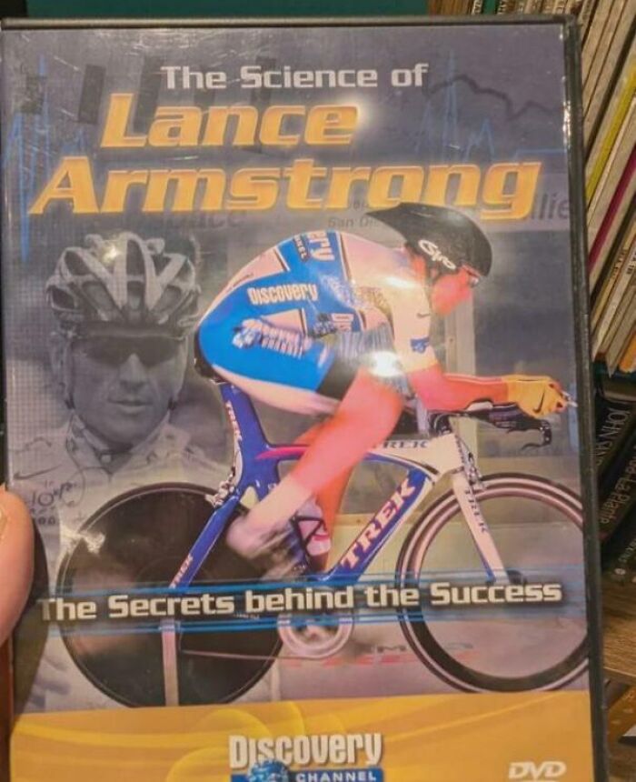 DVD cover of Lance Armstrong cycling with text showing facepalm-worthy screenshot that aged like milk from Discovery Channel.