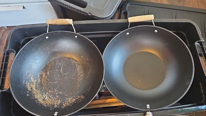 Worn and scratched frying pan shown side by side with a clean, restored pan demonstrating before and after changes.