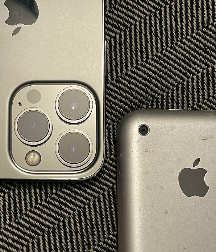 Close-up comparison of old and new Apple devices showing the dramatic before and after changes in design and camera technology.