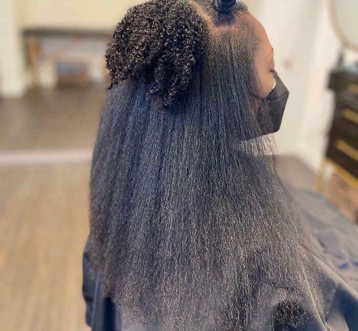 Woman with natural curly hair partially styled and straightened showcasing dramatic before and after photos of hair transformation.