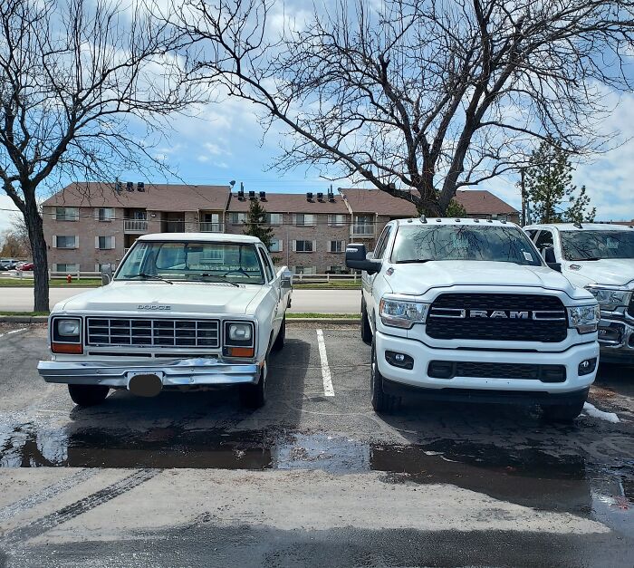 Two white pickup trucks side by side in a parking lot, illustrating before and after photos showing how things can change.
