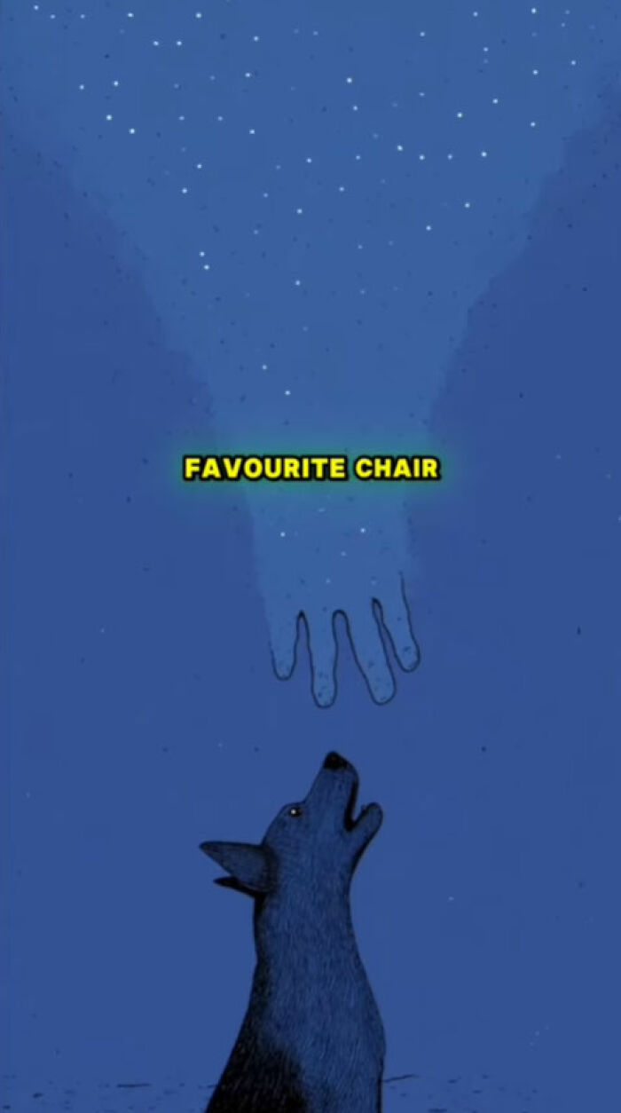 Illustration of a dog looking up at a hand labeled favourite chair, depicting what dogs go through after their human passes.