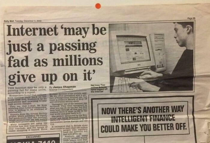 Vintage newspaper clipping from 2000 doubting internet’s future with a person using an old desktop computer, showcasing facepalm-worthy screenshots.