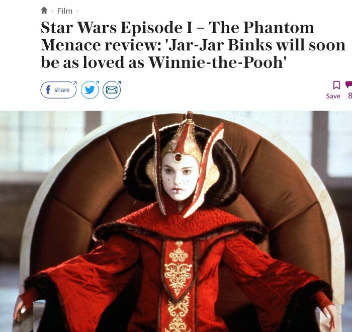 Star Wars Episode I review screenshot showing Queen Amidala in elaborate red costume, a facepalm-worthy moment that aged poorly.