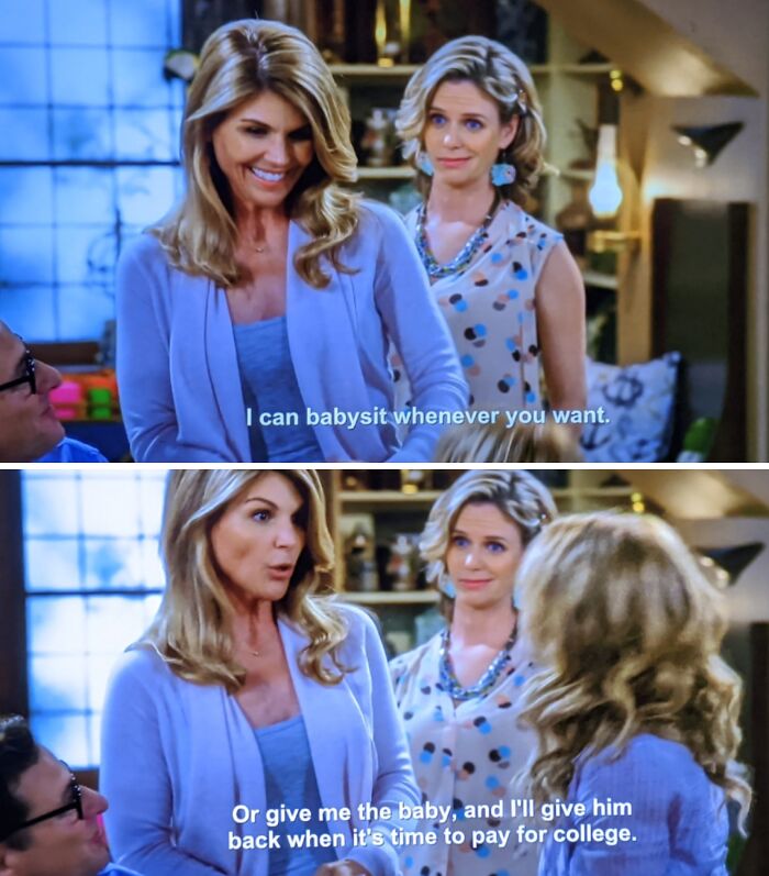 Two women in a home setting with a facepalm-worthy screenshot quote about babysitting and college payment.