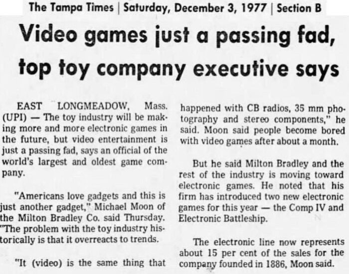 Old newspaper clipping showing a toy executive dismissing video games as a passing fad, illustrating facepalm-worthy moments.