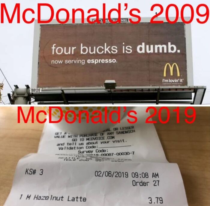 Comparison of McDonald's espresso pricing from 2009 billboard to 2019 receipt in facepalm-worthy screenshots.