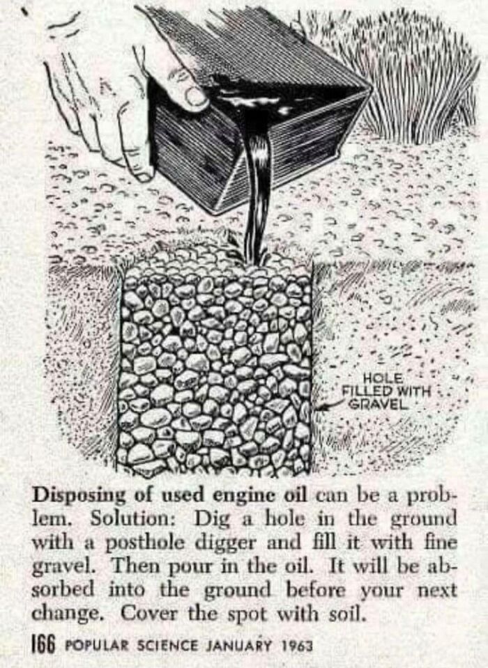 Vintage illustration showing improper disposal of engine oil by pouring it into a gravel-filled hole, a facepalm-worthy mistake.