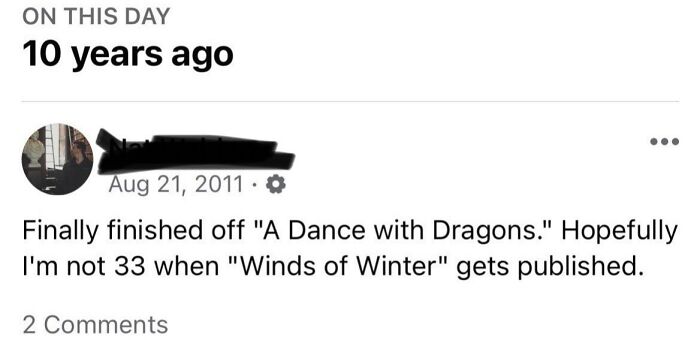 A social media post from 10 years ago about finishing a book, illustrating things that aged so bad they went sour.
