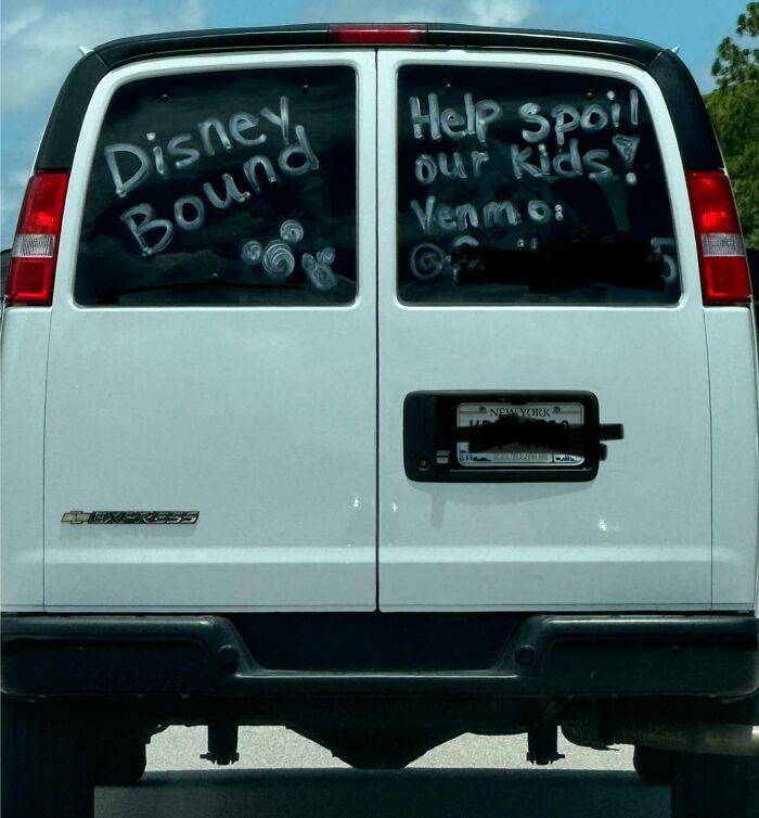 White van with "Disney Bound" and "Help spoil our kids! Venmo" written on the rear windows showing entitled parents exposed online.