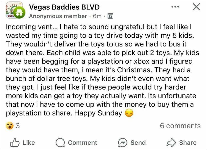 Social media post showing entitled parent venting about toy drive disappointment and kids wanting specific gifts.