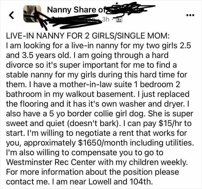 Post seeking live-in nanny for two girls, showing entitled parents exposed online for unreasonable demands and offers.