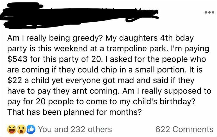 Screenshot of an entitled parent asking others to pay for their child's birthday party online, showing parental entitlement exposed.