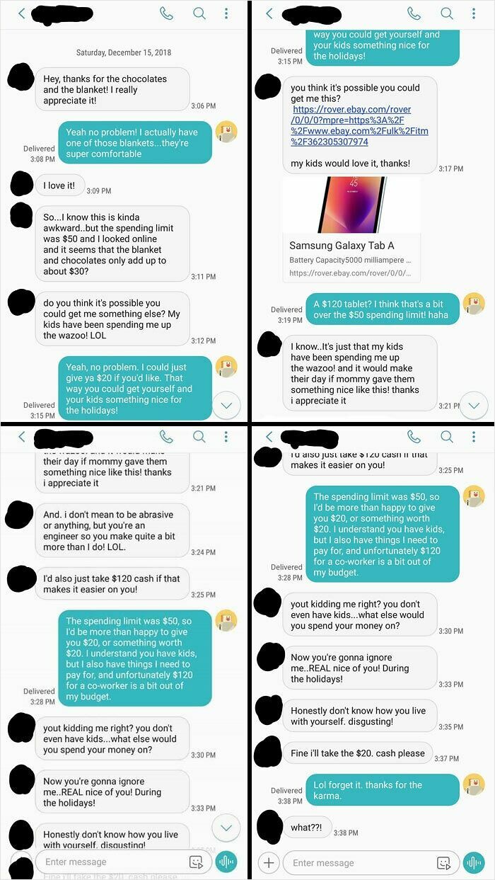 Text message exchange showing entitled parent's demands exceeding spending limit, illustrating parents exposed online for entitlement.