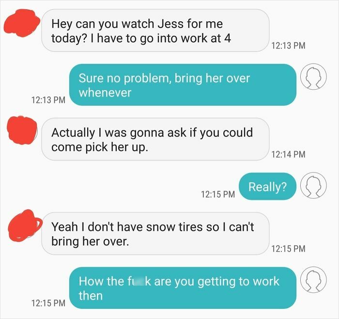 Text message exchange showing entitled parent asking for babysitting favor but refusing to drive due to lack of snow tires.