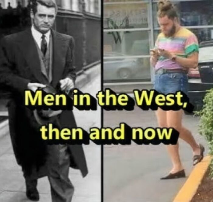 Comparison of men in the West then and now illustrating rose tinted tolerance and nostalgia taken too far in fashion choices.