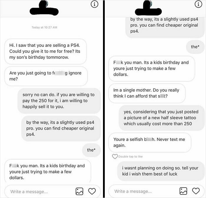 Screenshot of a heated online conversation showing entitled parent demanding free PS4 for child's birthday.