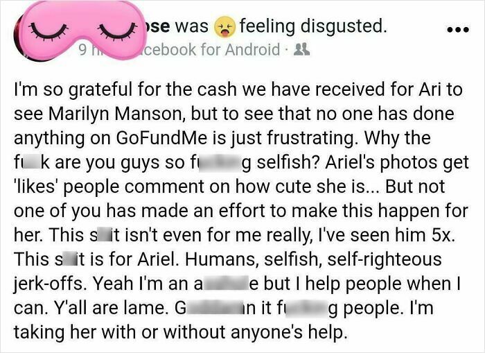 Screenshot of a social media post exposing entitled parents complaining about lack of support for their child's GoFundMe campaign.