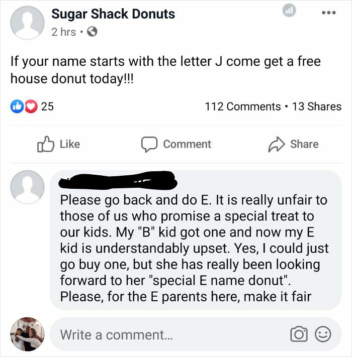 Facebook post showing an entitled parent demanding fairness over a donut giveaway based on children’s name initials.