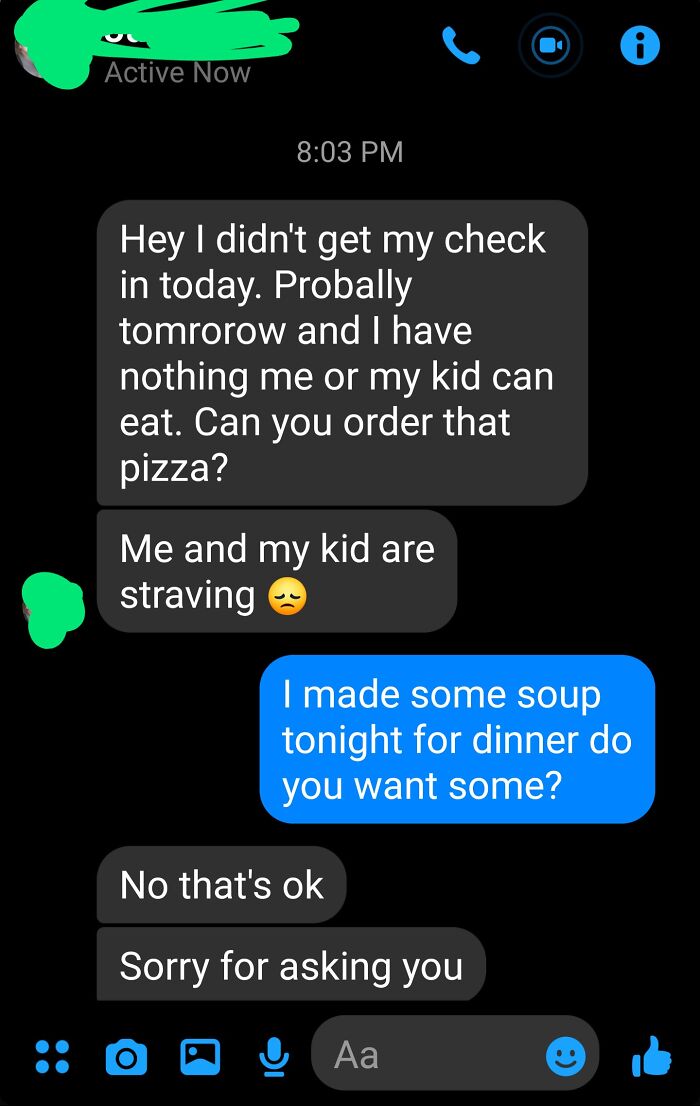 Text message exchange showing an entitled parent asking for food assistance, illustrating entitled parents exposed online.
