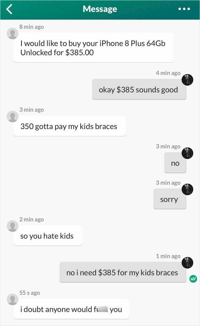 Text message conversation showing entitled parents negotiating price online and getting exposed for being unreasonable.