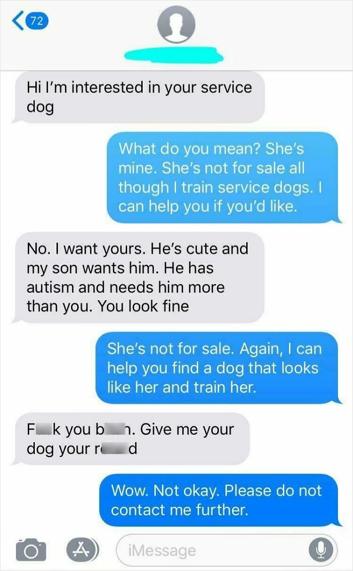 Text message exchange showing entitled parent demanding a service dog, highlighting entitled parents exposed online.