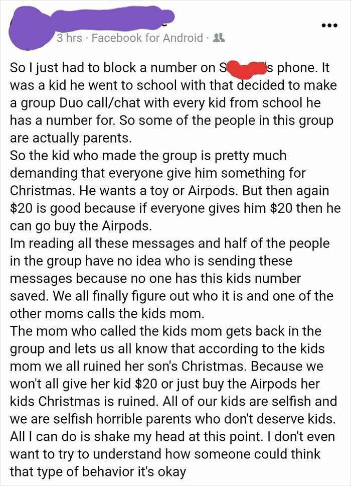 Social media post showing entitled parents exposed online demanding gifts and causing drama over kids' Christmas presents.