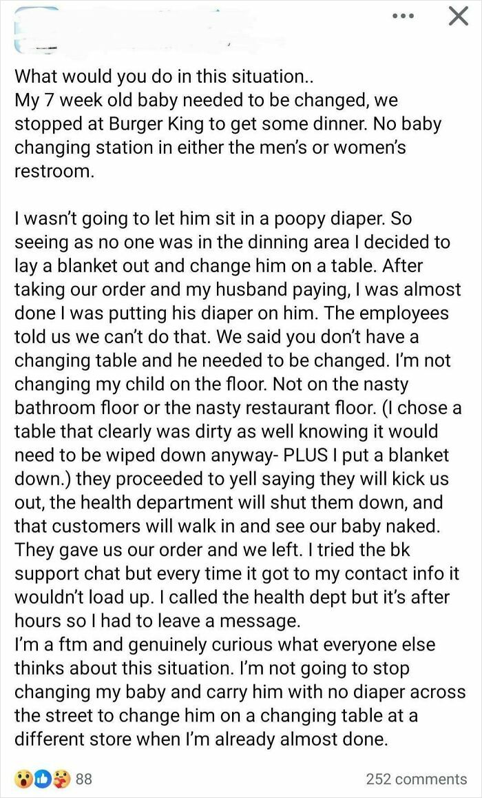 Parent exposed online for changing baby on dirty restaurant table due to lack of baby changing station in restrooms.
