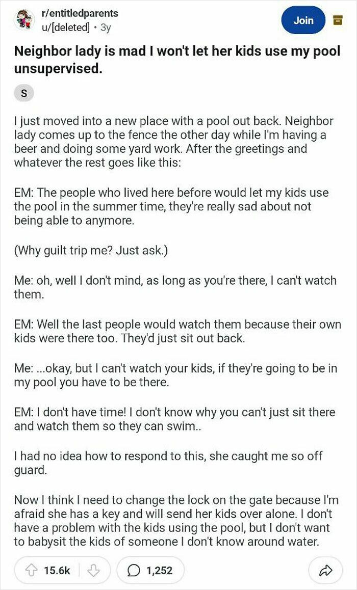 Screenshot of a Reddit post showing entitled parents demanding unsupervised pool access, highlighting entitled parents behavior.