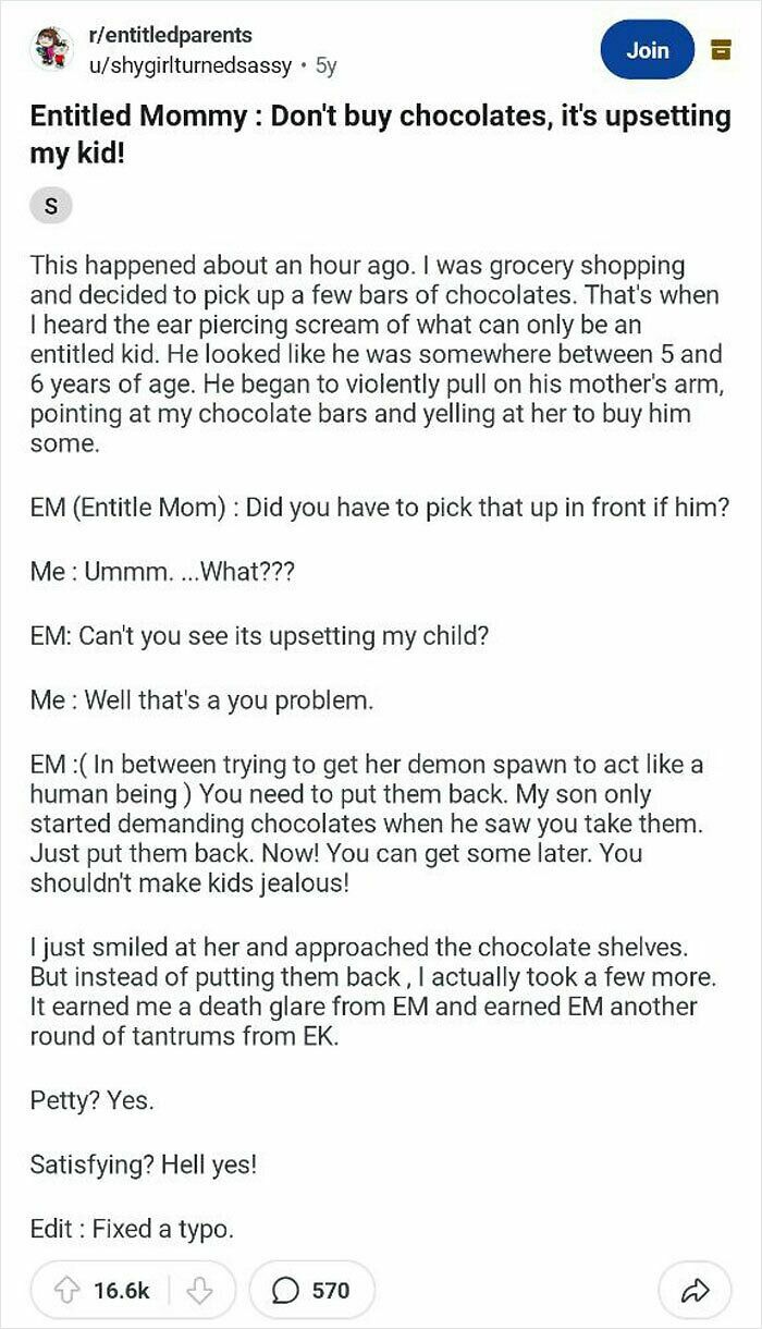 Reddit post from entitled parents showing a mother upset as her child throws a tantrum over chocolates in a store.