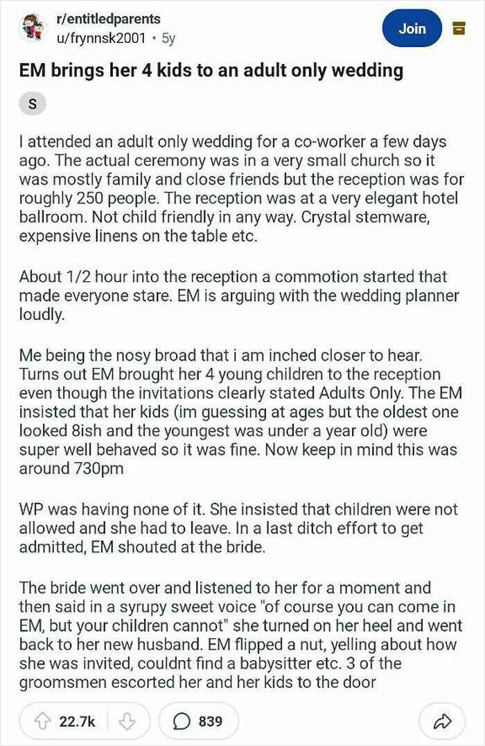 Reddit post from entitled parents subreddit describing a parent bringing kids to an adult-only wedding despite rules.