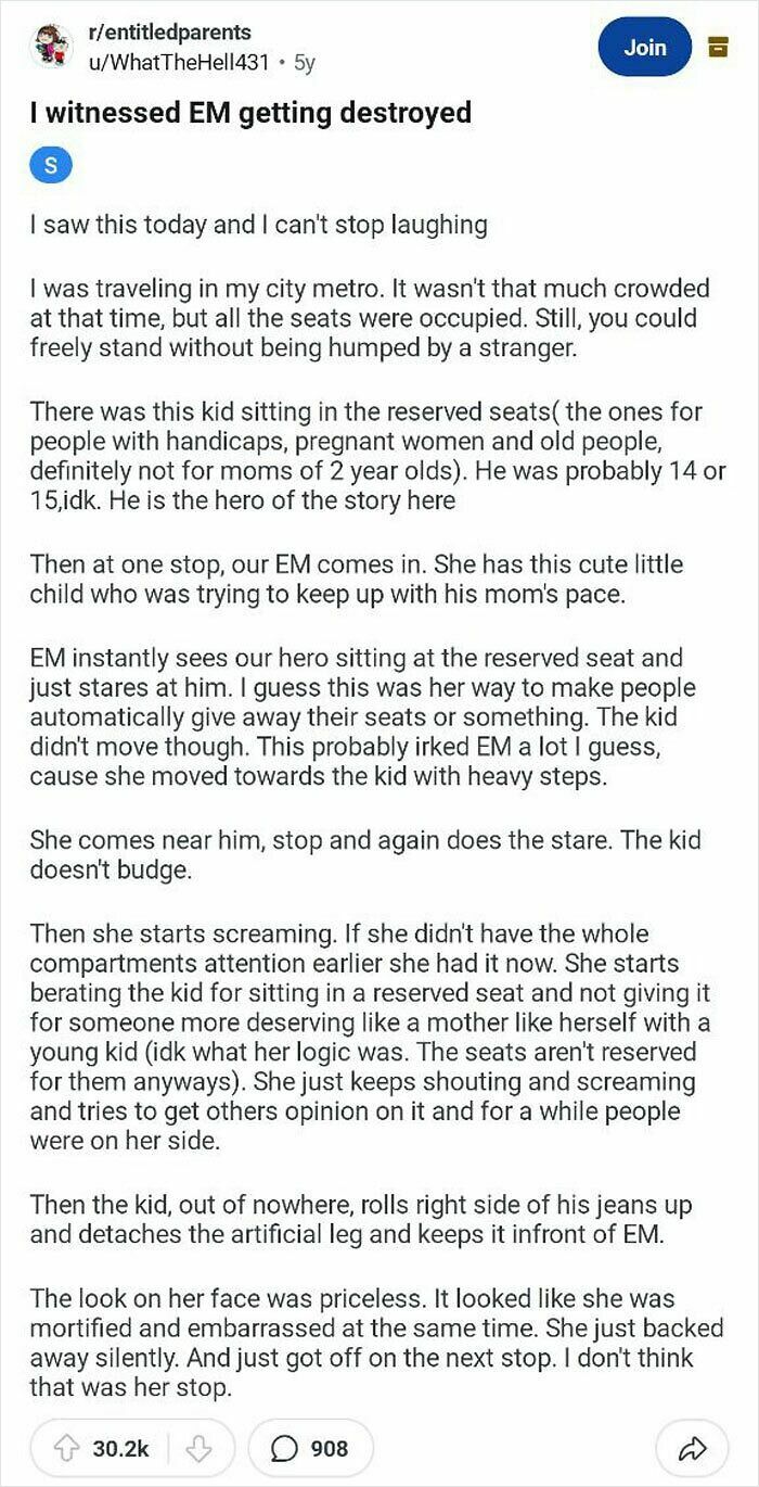 Reddit post showing entitled parents exposed as a boy with a disability defends his reserved metro seat.
