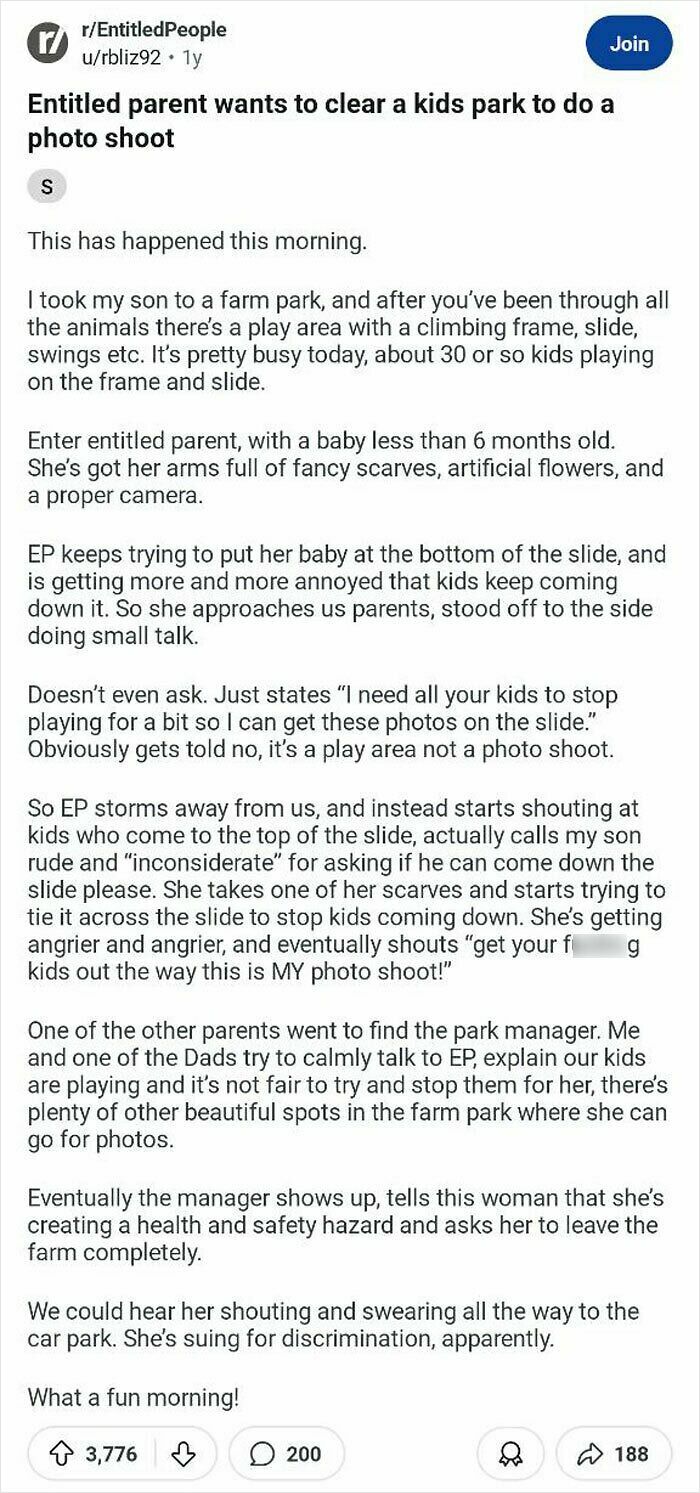 Reddit post exposing entitled parent demanding kids stop playing at park for her photo shoot, highlighting entitled parents online.