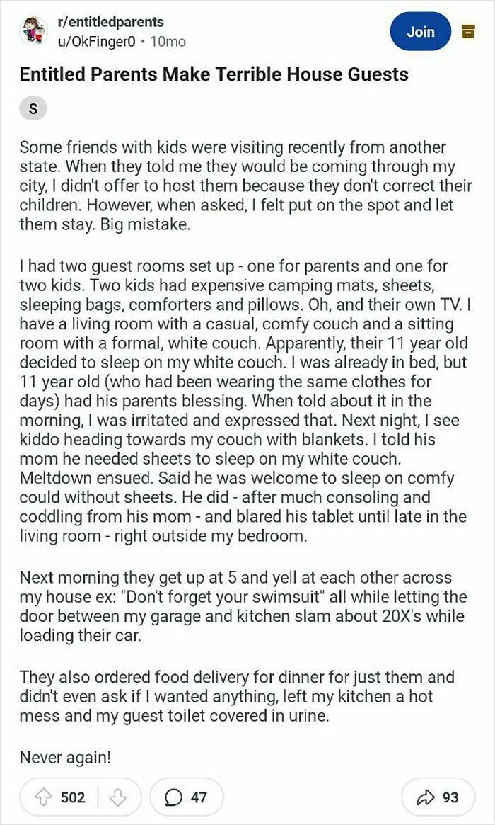 Reddit post exposing entitled parents making guests uncomfortable and disrespecting the host’s home during a visit.