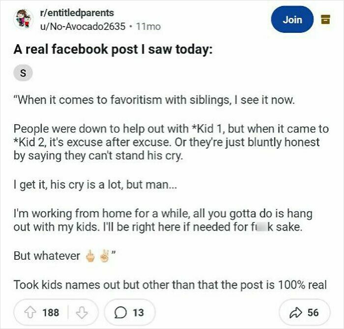 Screenshot of an entitled parent's Facebook post complaining about favoritism and lack of help with their kids online.