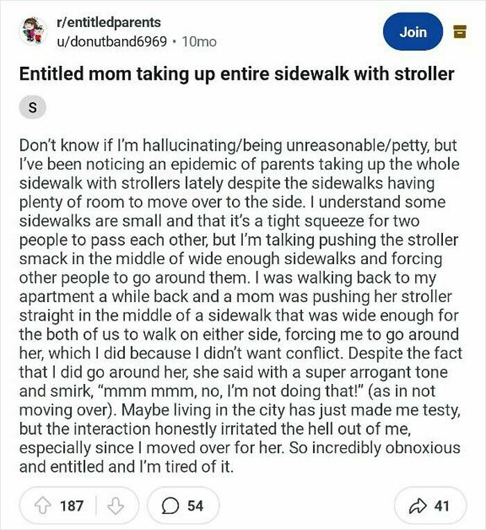 Screenshot of a Reddit post from r/entitledparents discussing entitled parents taking up sidewalks with strollers.