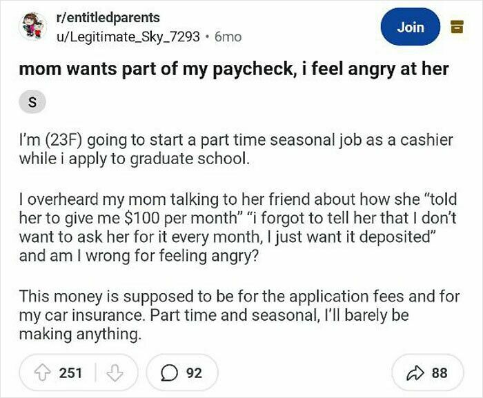 Reddit post from entitled parents subreddit about a mom wanting part of her daughter's paycheck causing anger online.