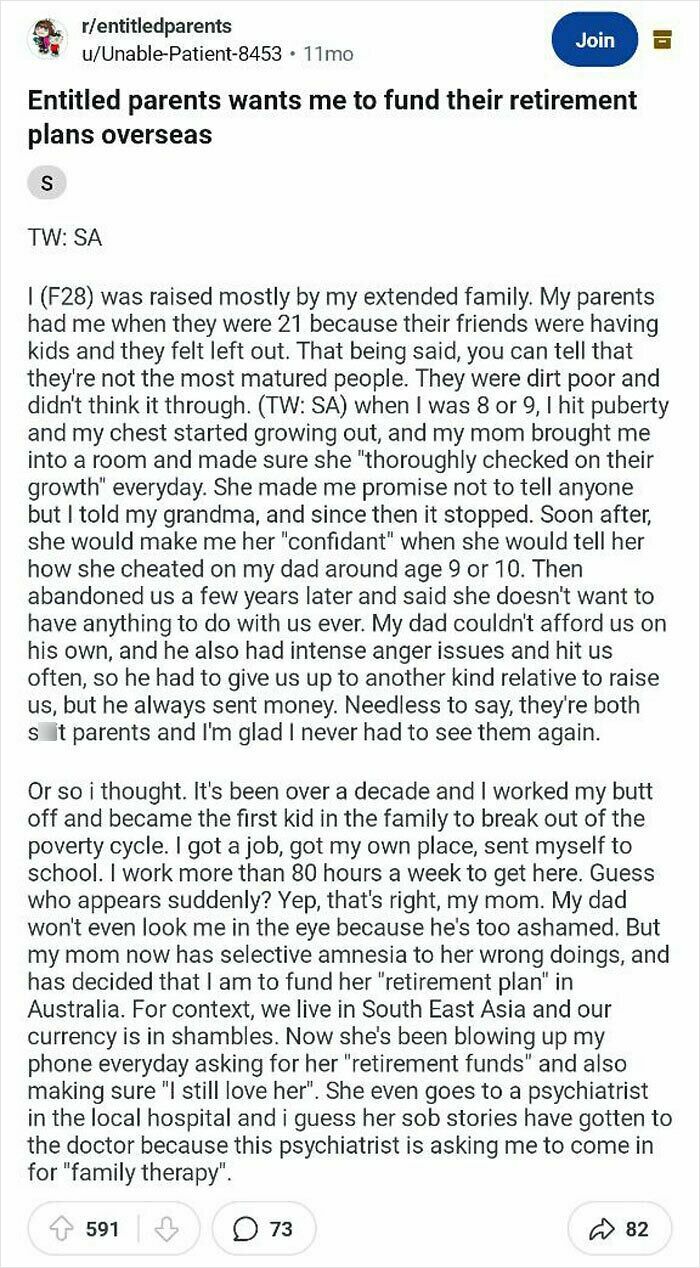 Reddit post exposing entitled parents asking their child to fund their retirement plans overseas amid family struggles.