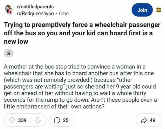 Reddit post exposing entitled parents trying to force a wheelchair passenger off the bus to board first.
