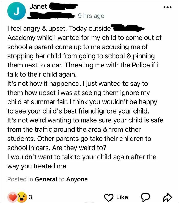 Screenshot of a social media post showing entitled parents arguing over child safety and school pickup issues online.