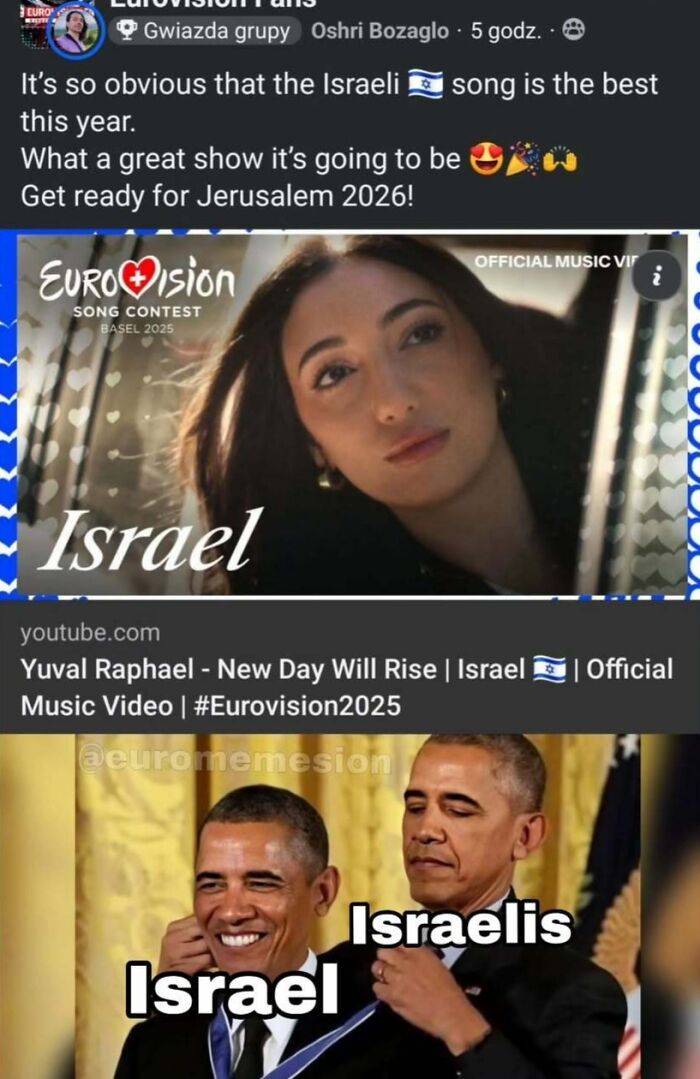 Eurovision Song Contest 2025 meme showing Israeli song promotion and humorous image with Obama awarding himself medal.