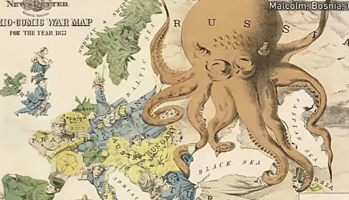 Vintage political map of Europe featuring an octopus symbolizing Russia’s influence, part of 80 maps to expand world knowledge.