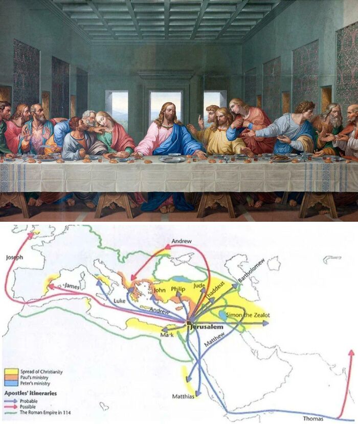 Painting of the Last Supper above a map showing apostles’ itineraries and spread of Christianity in the ancient world.