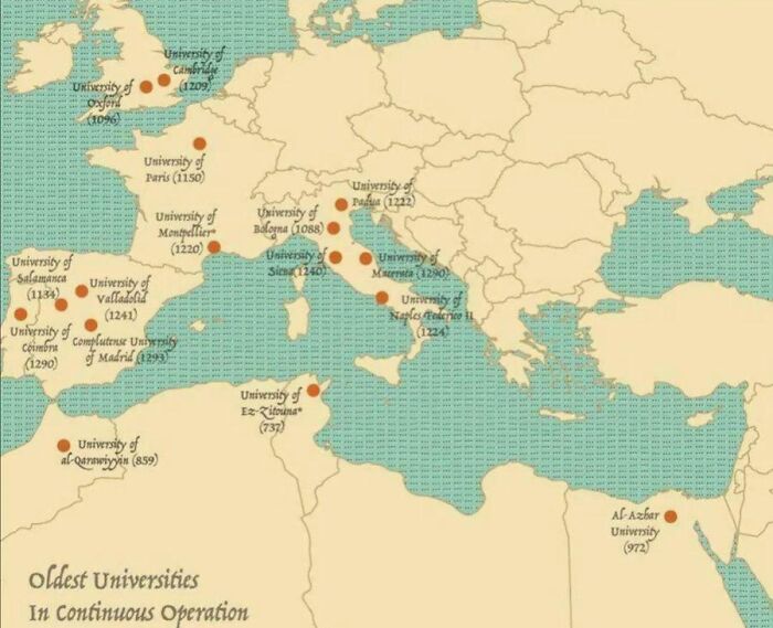 Map showing oldest universities in continuous operation across Europe, North Africa, and the Middle East to expand your knowledge of the world