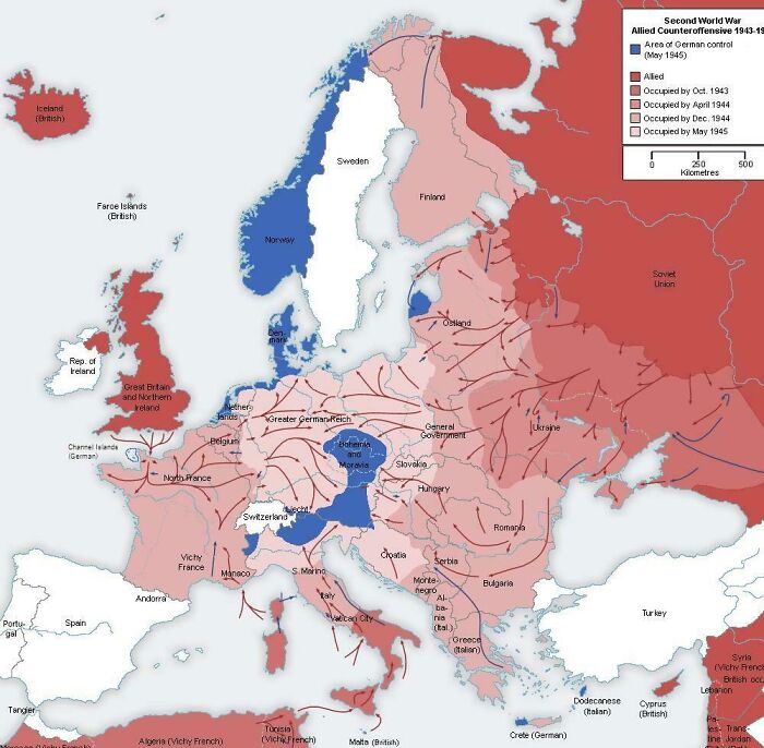 Map showing Allied counteroffensive and German-occupied areas in Europe during the Second World War in 1943-45