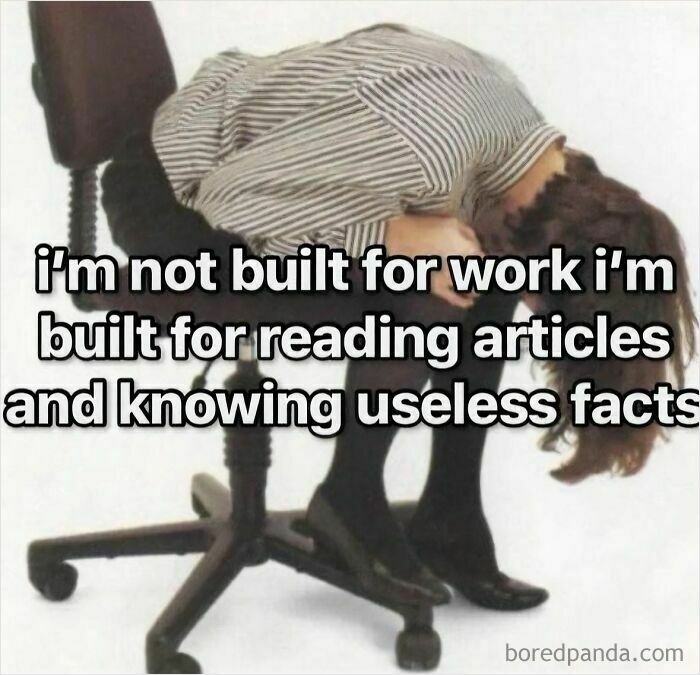 Person slumped over an office chair with text about preferring reading articles and knowing useless facts in funny pics.