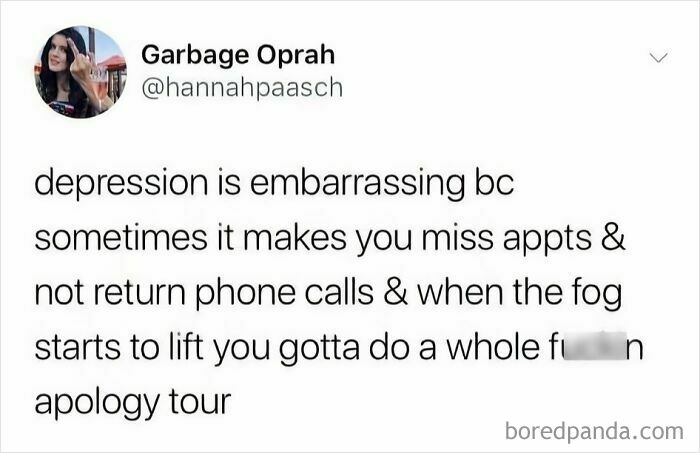 Screenshot of a tweet about depression and missed appointments, relatable for those scrolling funny pics during mental breakdowns.