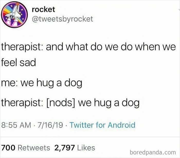 Twitter post about feeling sad and coping by hugging a dog, reflecting humor in funny pics for mental breakdown moments.