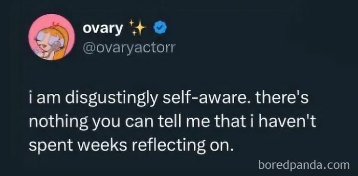 Screenshot of a humorous tweet reflecting self-awareness, ideal for funny pics to scroll through during mental breakdowns.